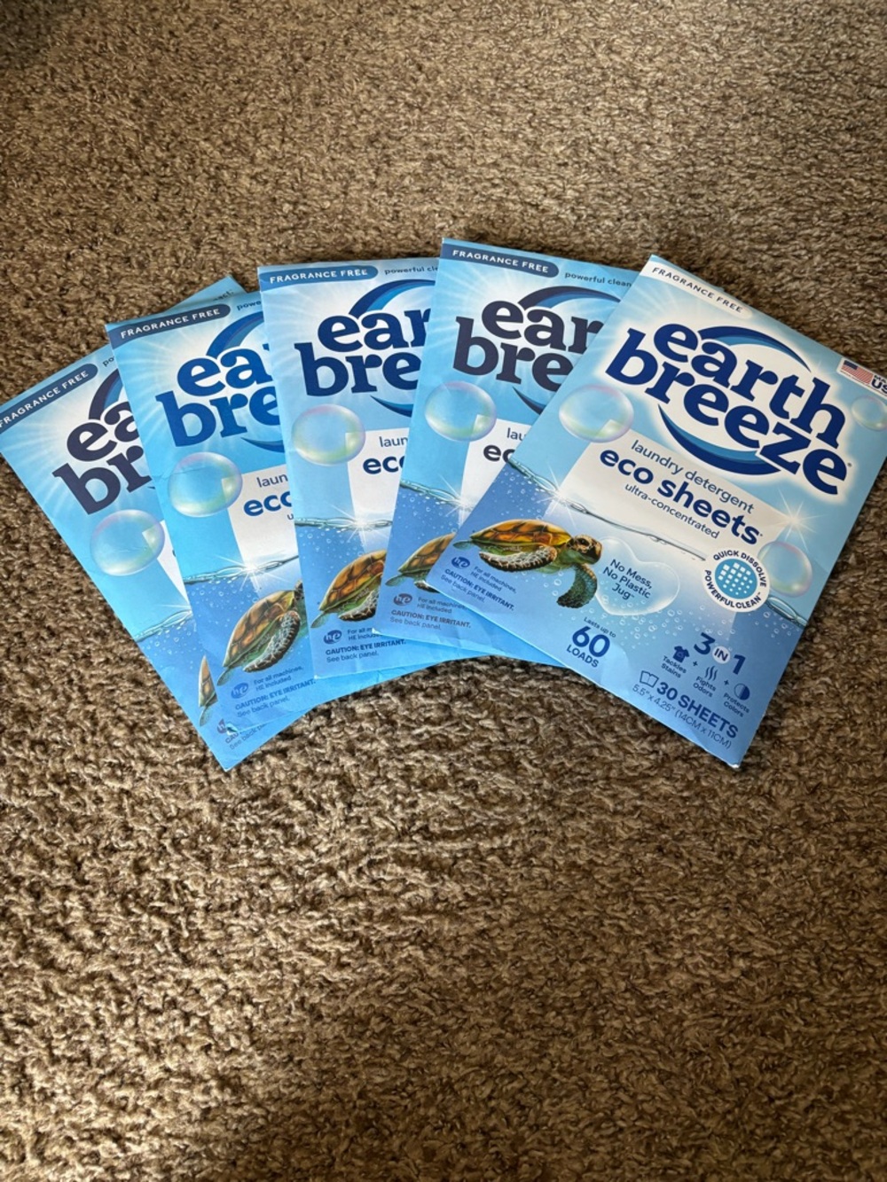 5 packages of unopened Earth Breeze laundry detergent eco sheets. Fragrance free